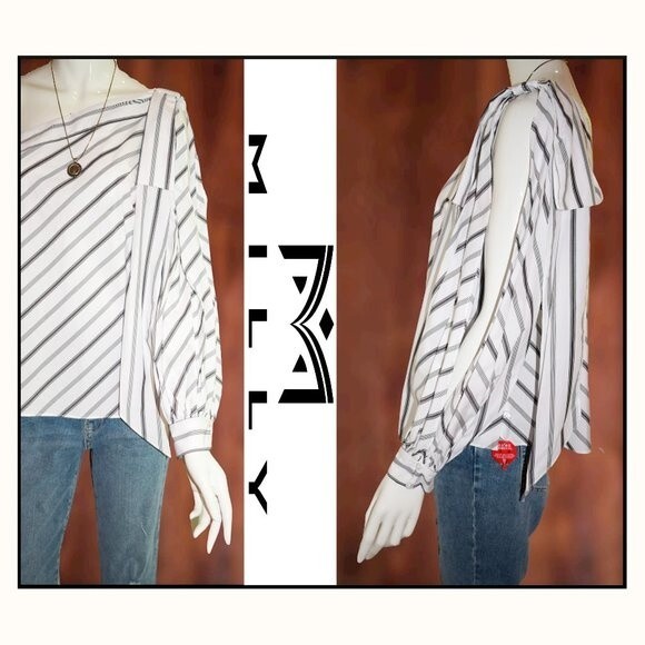 MILLY NEW NINA Stripe One-Shoulder Cotton Poplin Top 8 - Picture 4 of 12